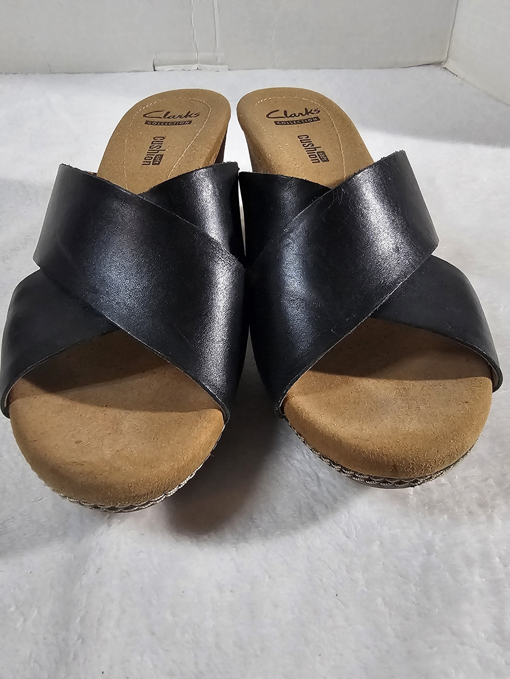 Clarks Black Leather Crossband Slide Mules
